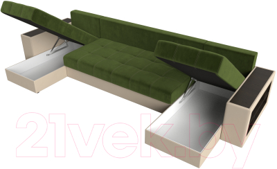 Диван П-образный Лига Диванов Дубай полки справа (микровельвет зеленый/экокожа бежевый)
