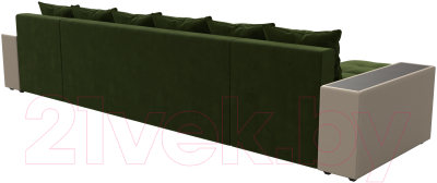 Диван П-образный Лига Диванов Дубай полки справа (микровельвет зеленый/экокожа бежевый)