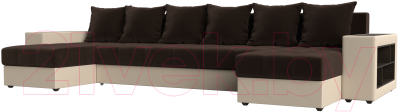 Диван П-образный Лига Диванов Дубай полки справа (микровельвет коричневый/экокожа бежевый) - фото