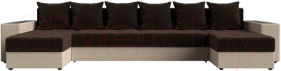 Диван П-образный Лига Диванов Дубай полки справа (микровельвет коричневый/экокожа бежевый)