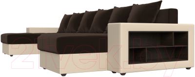 Диван П-образный Лига Диванов Дубай полки справа (микровельвет коричневый/экокожа бежевый)