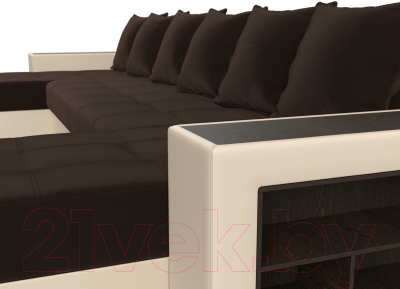 Диван П-образный Лига Диванов Дубай полки справа (микровельвет коричневый/экокожа бежевый)
