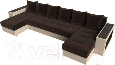 Диван П-образный Лига Диванов Дубай полки справа (микровельвет коричневый/экокожа бежевый)