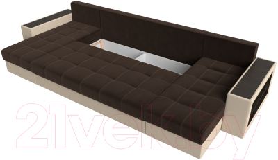 Диван П-образный Лига Диванов Дубай полки справа (микровельвет коричневый/экокожа бежевый)