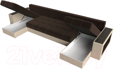 Диван П-образный Лига Диванов Дубай полки справа (микровельвет коричневый/экокожа бежевый)