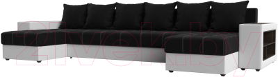 Диван П-образный Лига Диванов Дубай полки справа (микровельвет черный/экокожа белый) - фото