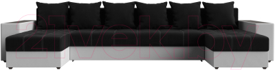 Диван П-образный Лига Диванов Дубай полки справа (микровельвет черный/экокожа белый)