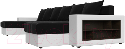 Диван П-образный Лига Диванов Дубай полки справа (микровельвет черный/экокожа белый)