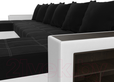 Диван П-образный Лига Диванов Дубай полки справа (микровельвет черный/экокожа белый)