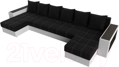 Диван П-образный Лига Диванов Дубай полки справа (микровельвет черный/экокожа белый)