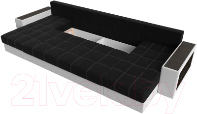 Диван П-образный Лига Диванов Дубай полки справа (микровельвет черный/экокожа белый)
