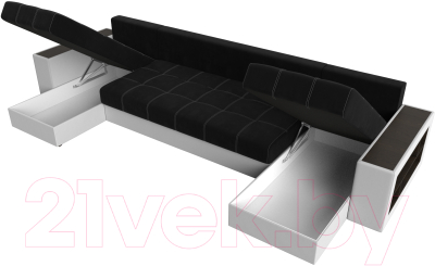 Диван П-образный Лига Диванов Дубай полки справа (микровельвет черный/экокожа белый)