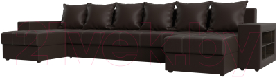 Диван П-образный Лига Диванов Дубай полки справа (экокожа коричневый) - фото