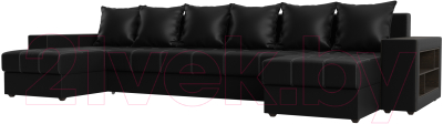 Диван П-образный Лига Диванов Дубай полки справа (экокожа черный) - фото