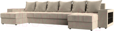 Диван П-образный Лига Диванов Дубай полки справа (микровельвет бежевый) - фото