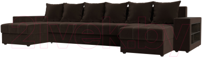 Диван П-образный Лига Диванов Дубай полки справа (микровельвет коричневый) - фото