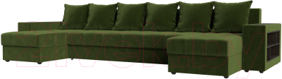 Диван П-образный Лига Диванов Дубай полки справа (микровельвет зеленый) - фото