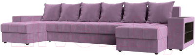 Диван П-образный Лига Диванов Дубай полки справа (микровельвет сиреневый) - фото