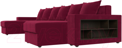Диван П-образный Лига Диванов Дубай полки справа (микровельвет бордовый)