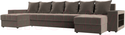 Диван П-образный Лига Диванов Дубай полки справа (велюр коричневый) - фото
