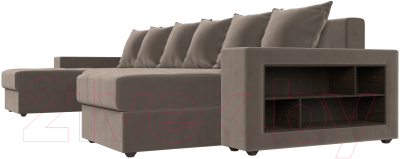 Диван П-образный Лига Диванов Дубай полки справа (велюр коричневый)