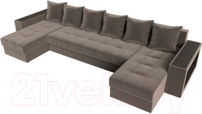 Диван П-образный Лига Диванов Дубай полки справа (велюр коричневый)
