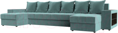 Диван П-образный Лига Диванов Дубай полки справа (велюр бирюзовый) - фото