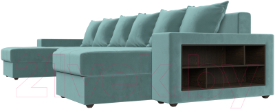 Диван П-образный Лига Диванов Дубай полки справа (велюр бирюзовый)