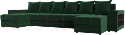 Диван П-образный Лига Диванов Дубай полки справа (велюр зеленый) - фото