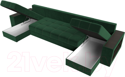 Диван П-образный Лига Диванов Дубай полки справа (велюр зеленый)