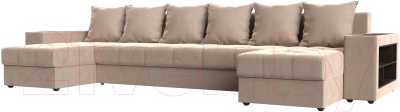 Диван П-образный Лига Диванов Дубай полки справа (велюр бежевый) - фото