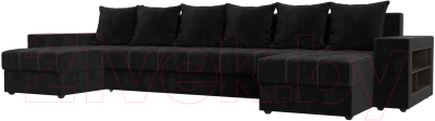 Диван П-образный Лига Диванов Дубай полки справа (велюр черный) - фото