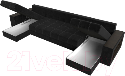 Диван П-образный Лига Диванов Дубай полки справа (велюр черный)