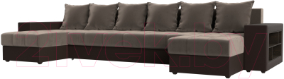 Диван П-образный Лига Диванов Дубай полки справа (велюр коричневый/экокожа коричневый) - фото