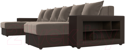 Диван П-образный Лига Диванов Дубай полки справа (велюр коричневый/экокожа коричневый)