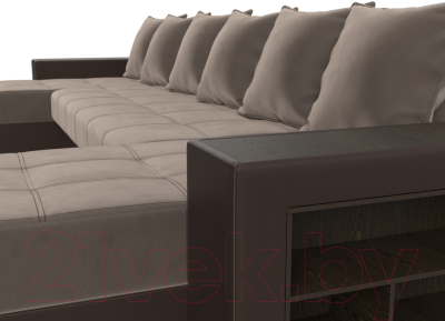 Диван П-образный Лига Диванов Дубай полки справа (велюр коричневый/экокожа коричневый)