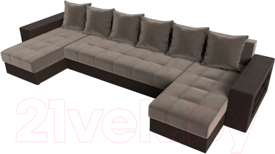 Диван П-образный Лига Диванов Дубай полки справа (велюр коричневый/экокожа коричневый)