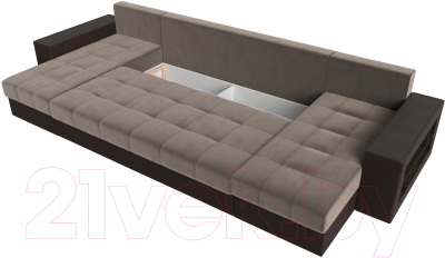 Диван П-образный Лига Диванов Дубай полки справа (велюр коричневый/экокожа коричневый)
