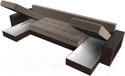 Диван П-образный Лига Диванов Дубай полки справа (велюр коричневый/экокожа коричневый)