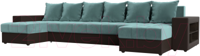 Диван П-образный Лига Диванов Дубай полки справа (велюр бирюзовый/экокожа коричневый) - фото
