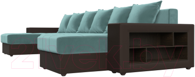 Диван П-образный Лига Диванов Дубай полки справа (велюр бирюзовый/экокожа коричневый)