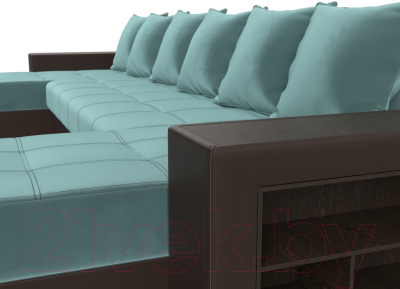 Диван П-образный Лига Диванов Дубай полки справа (велюр бирюзовый/экокожа коричневый)
