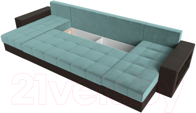 Диван П-образный Лига Диванов Дубай полки справа (велюр бирюзовый/экокожа коричневый)