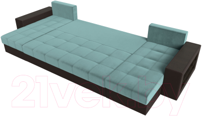 Диван П-образный Лига Диванов Дубай полки справа (велюр бирюзовый/экокожа коричневый)