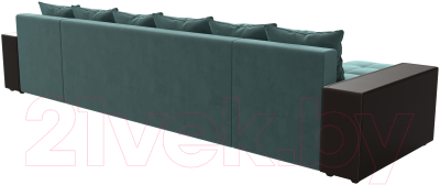 Диван П-образный Лига Диванов Дубай полки справа (велюр бирюзовый/экокожа коричневый)