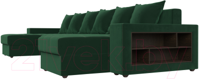 Диван П-образный Лига Диванов Дубай полки справа (велюр зеленый/экокожа коричневый)