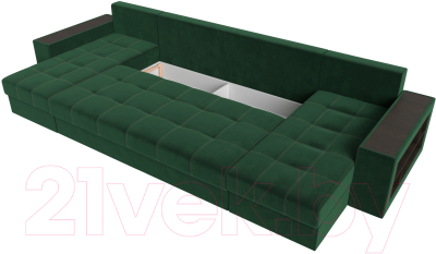 Диван П-образный Лига Диванов Дубай полки справа (велюр зеленый/экокожа коричневый)