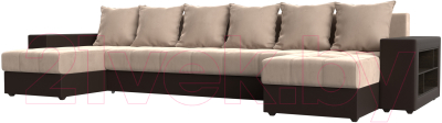 Диван П-образный Лига Диванов Дубай полки справа (велюр бежевый/экокожа коричневый) - фото