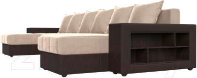 Диван П-образный Лига Диванов Дубай полки справа (велюр бежевый/экокожа коричневый)
