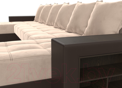 Диван П-образный Лига Диванов Дубай полки справа (велюр бежевый/экокожа коричневый)